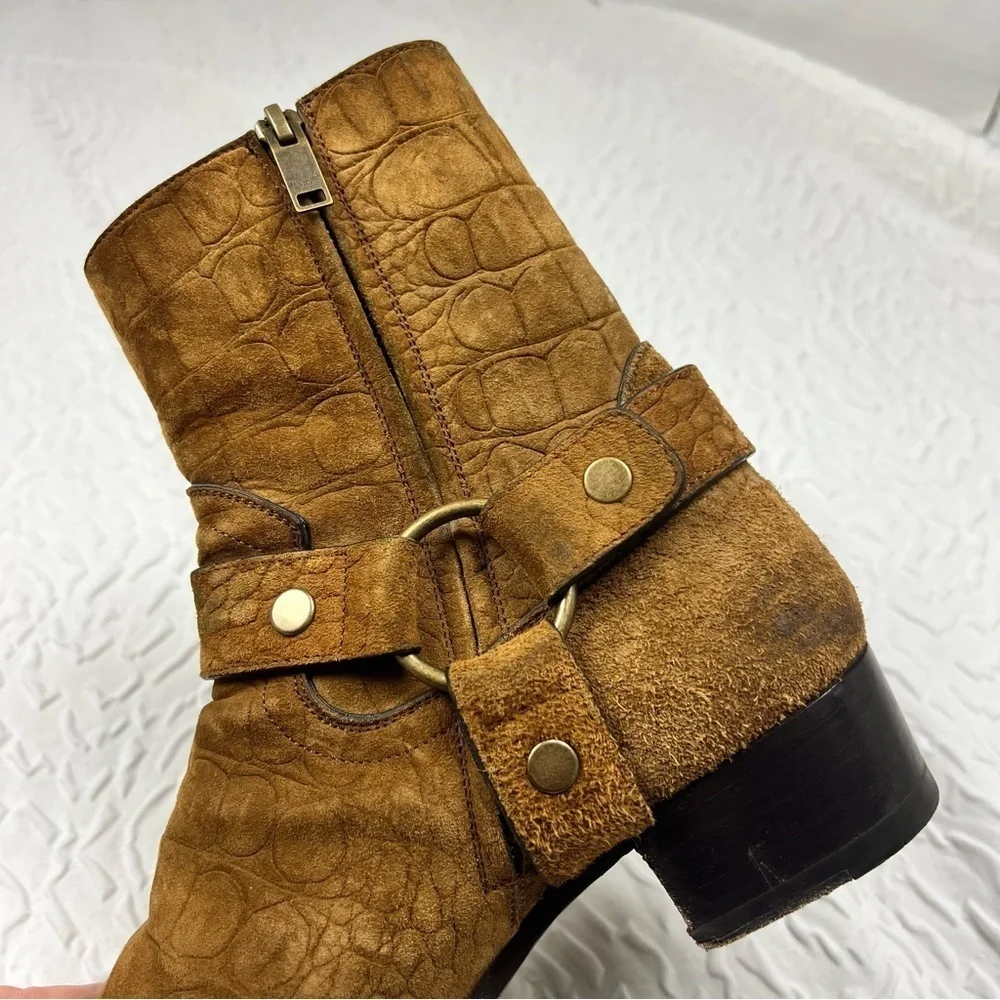 Saint Laurent Men's Wyatt Croc Embossed Harness Boots